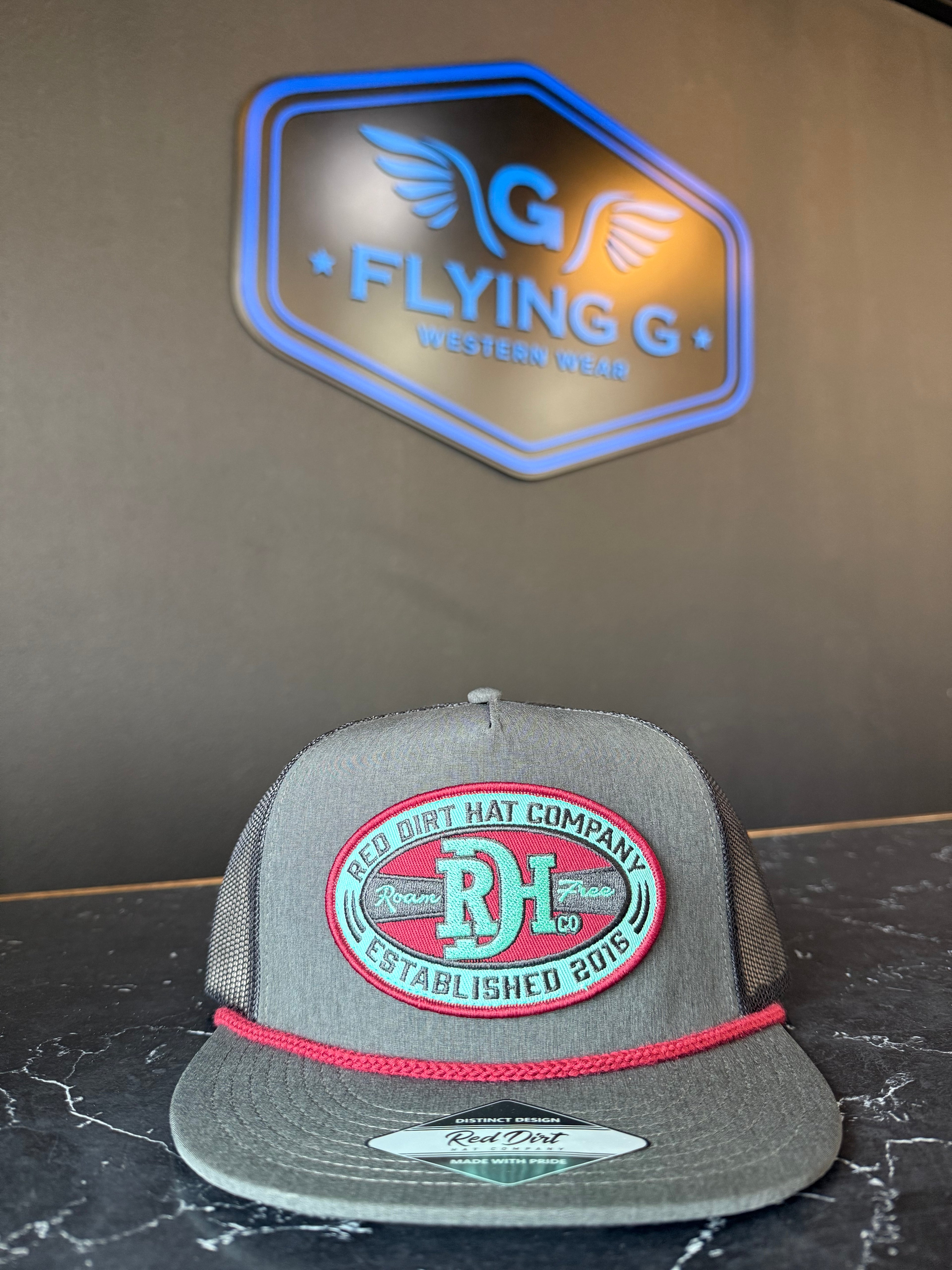 Charcoal grey red dirt hat