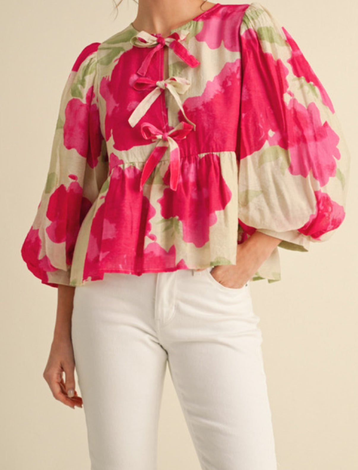 Pink white and green bow top