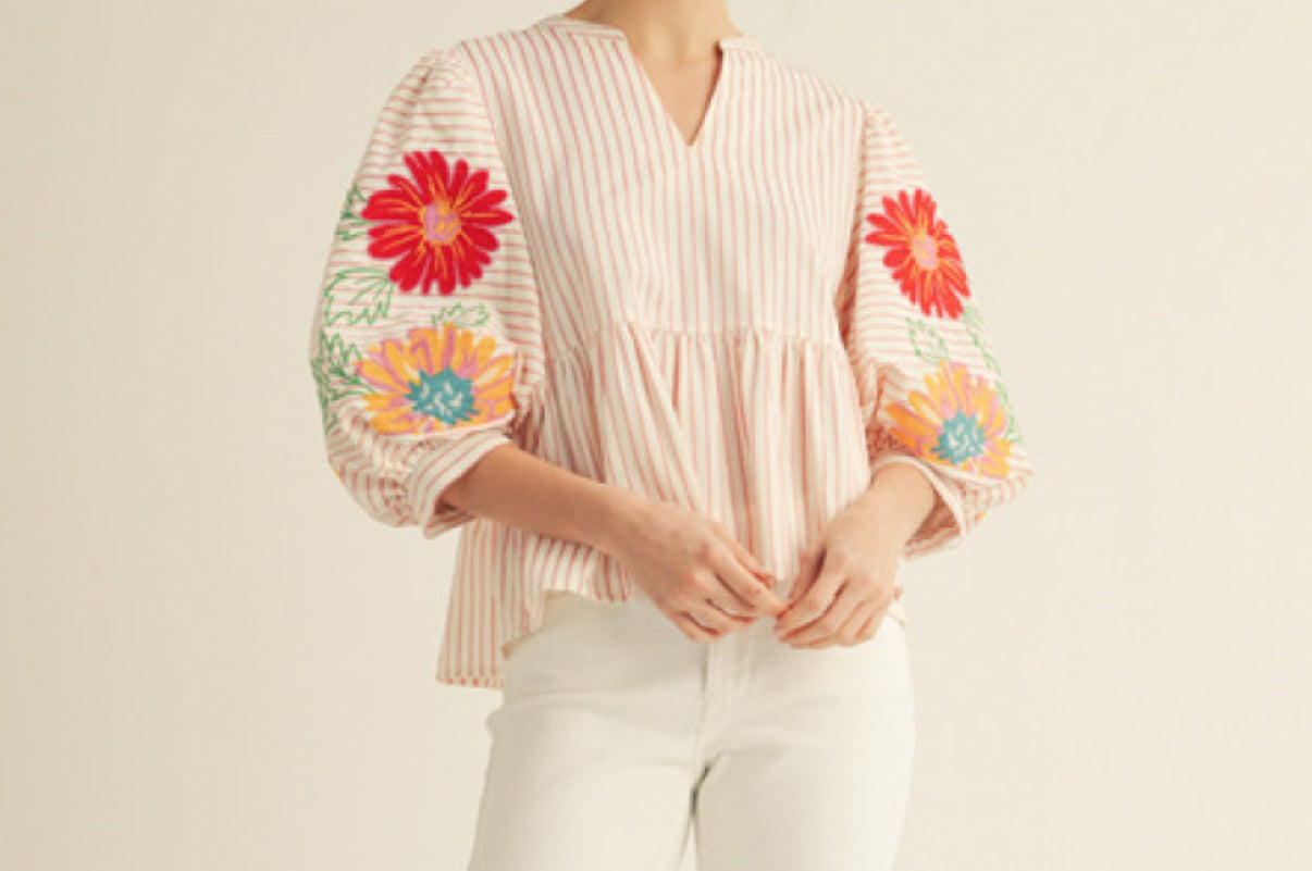 Floral sleeve striped shirt