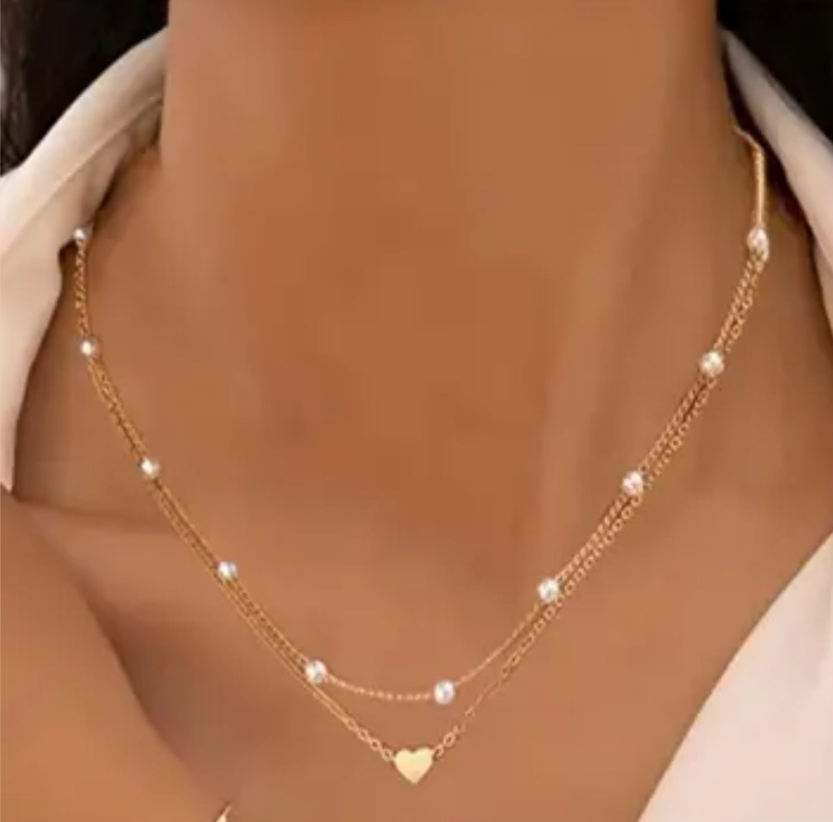 Heart and pearl layered necklace