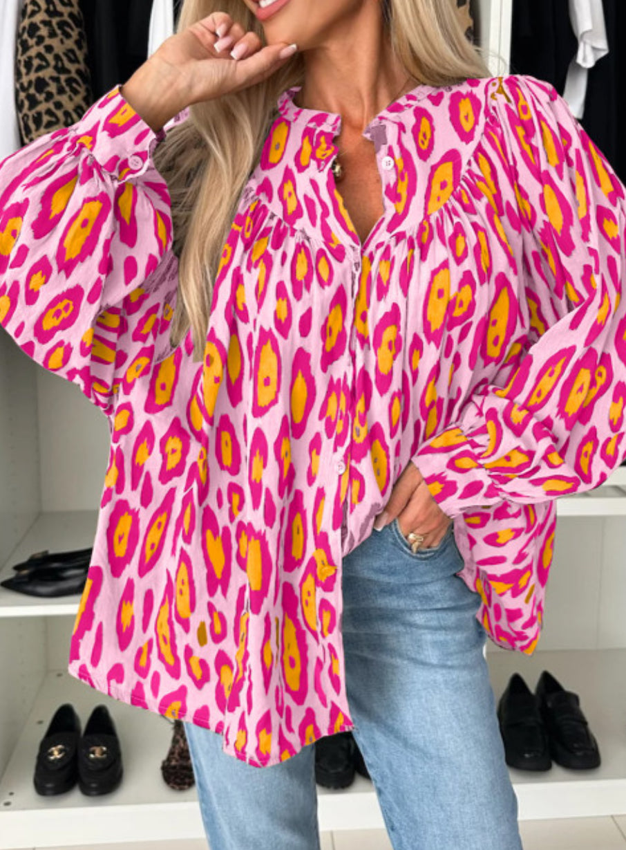 Pink leopard oversized button up