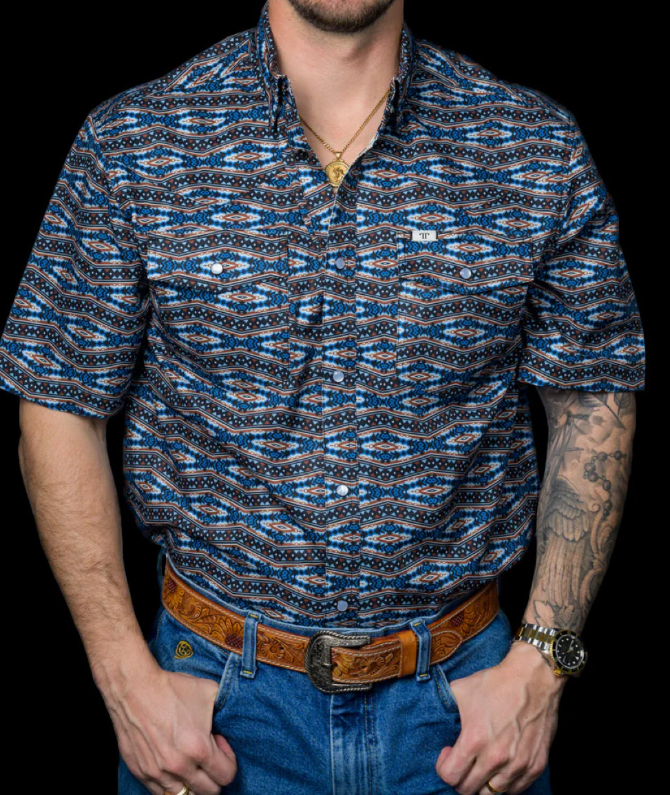 Blue and brown Aztec Ferrel pearl snap