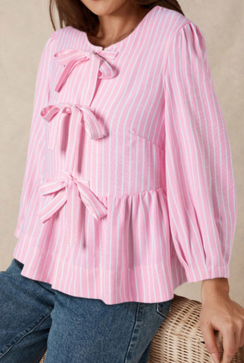 Pink Stripe Bow Blouse