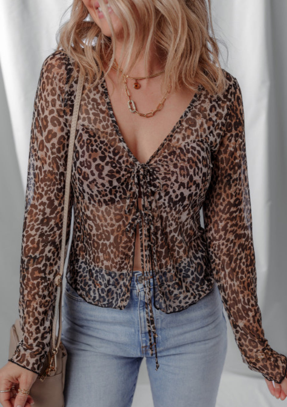 Mesh leopard tie top