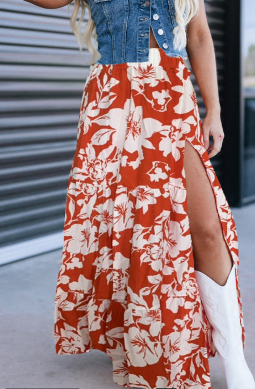 Red floral skirt