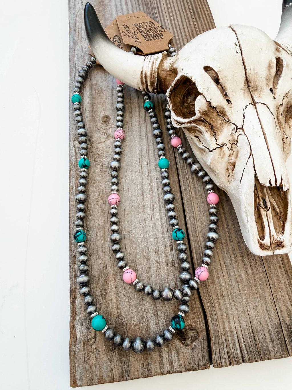 Western Navajo Pearl & Turquoise Stone Bead Necklace: PINK