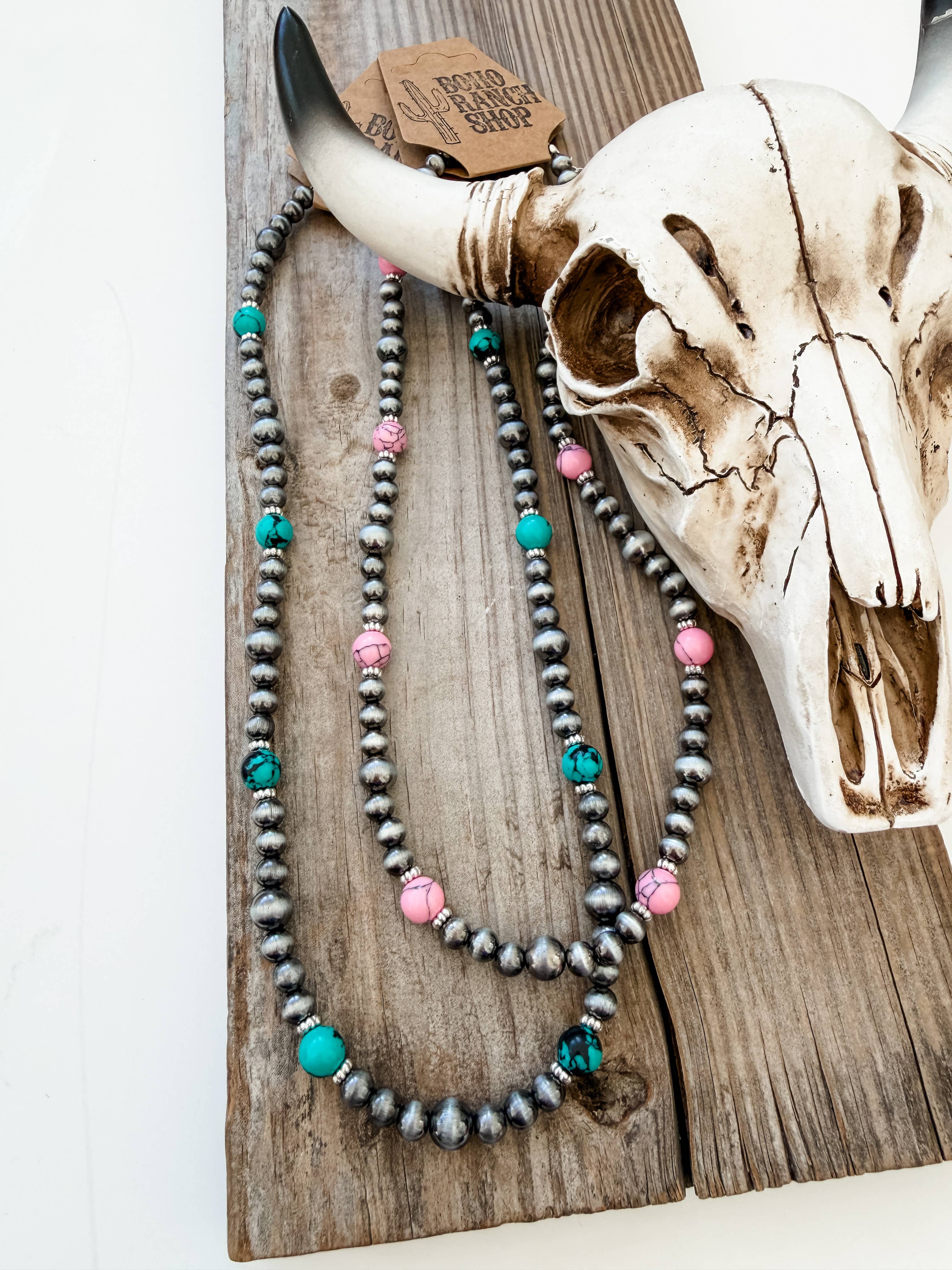 Western Navajo Pearl & Turquoise Stone Bead Necklace: PINK