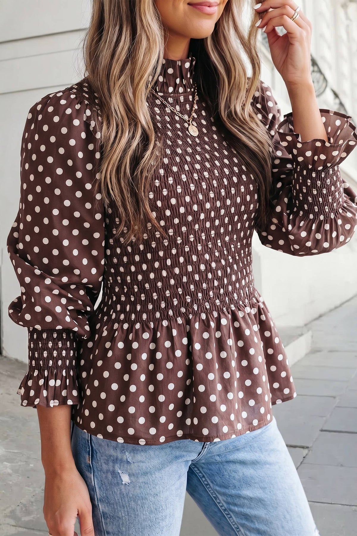 Cute Polka Dot Mock Neck Ruffled Shirred Blouse
