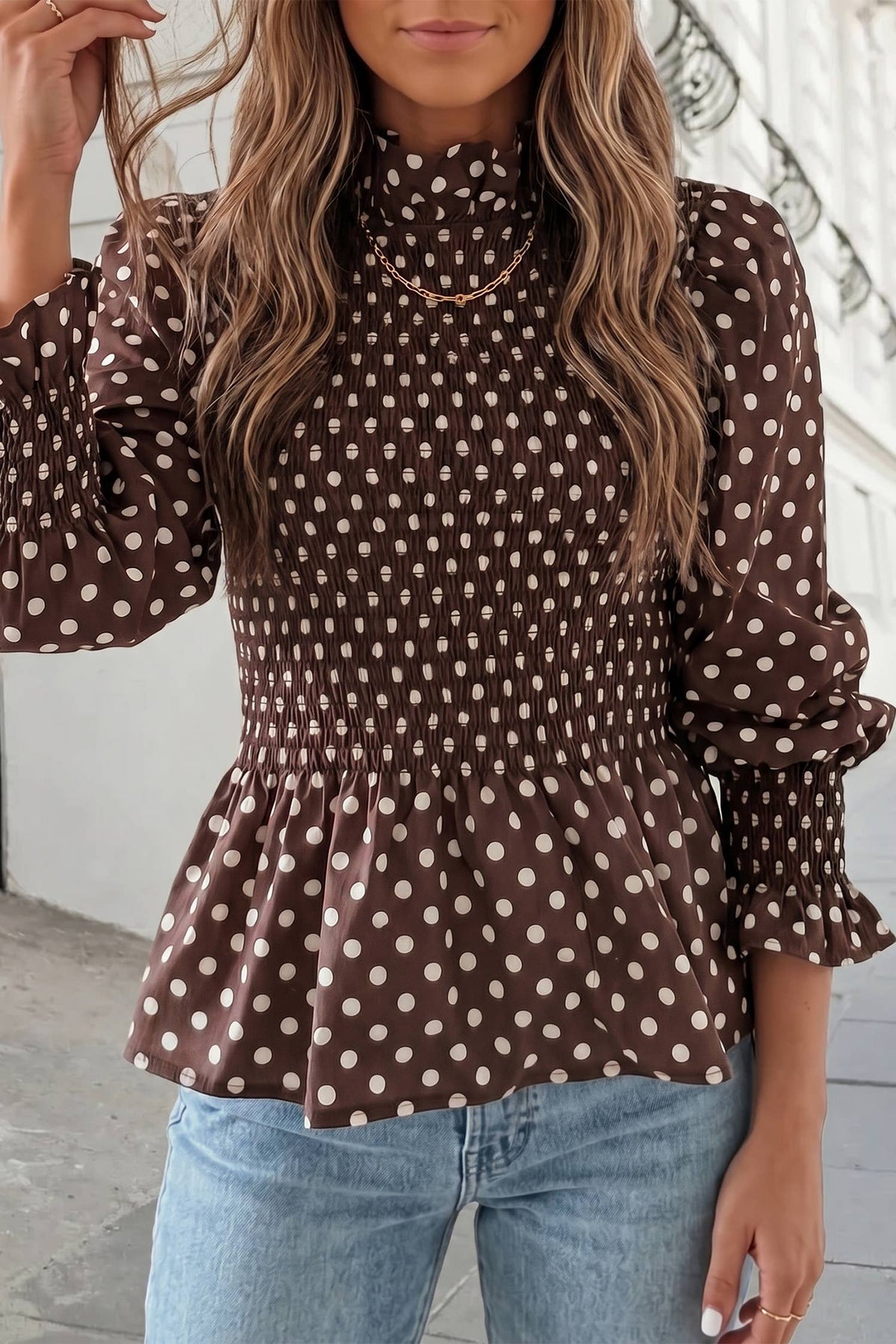 Cute Polka Dot Mock Neck Ruffled Shirred Blouse