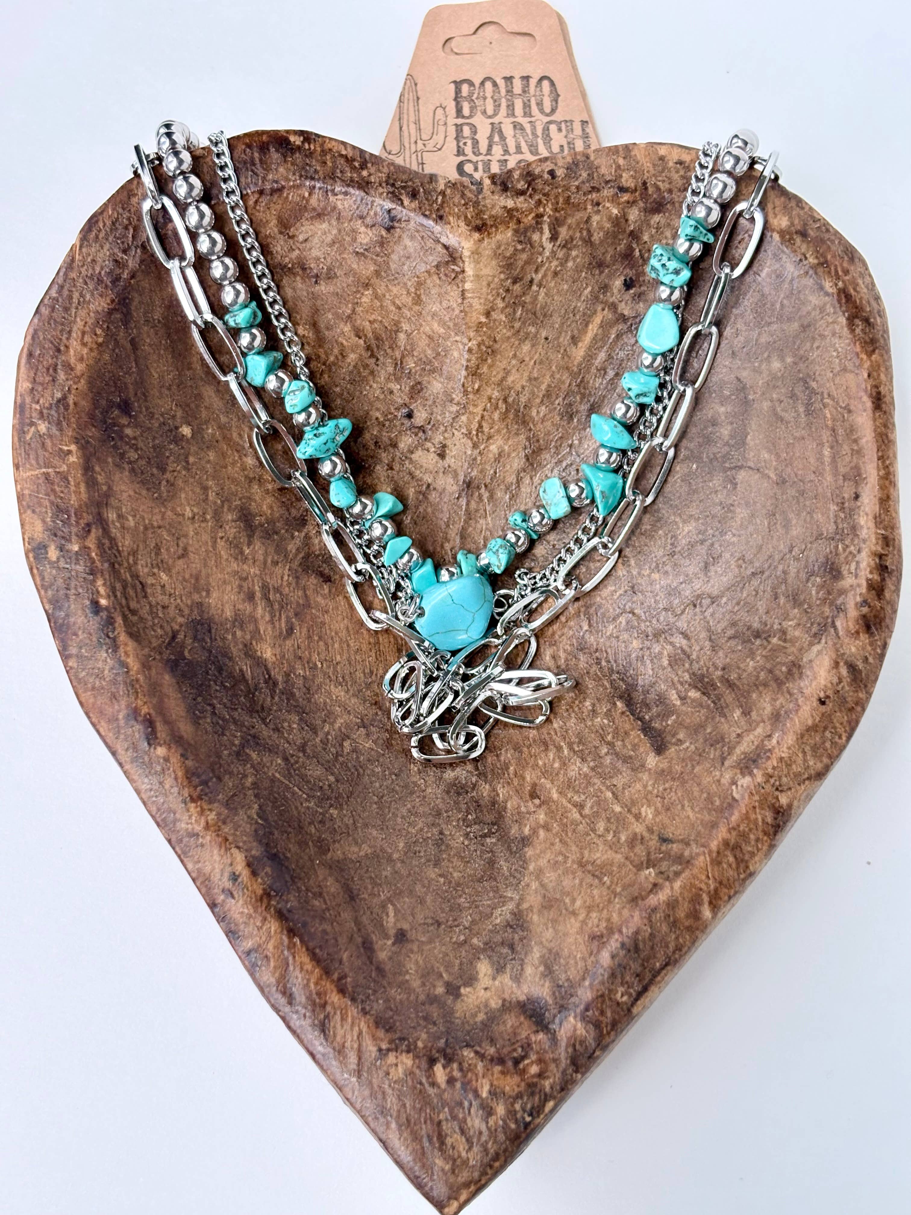 3 Piece Western Turquoise Stone Link Chain Necklace Set