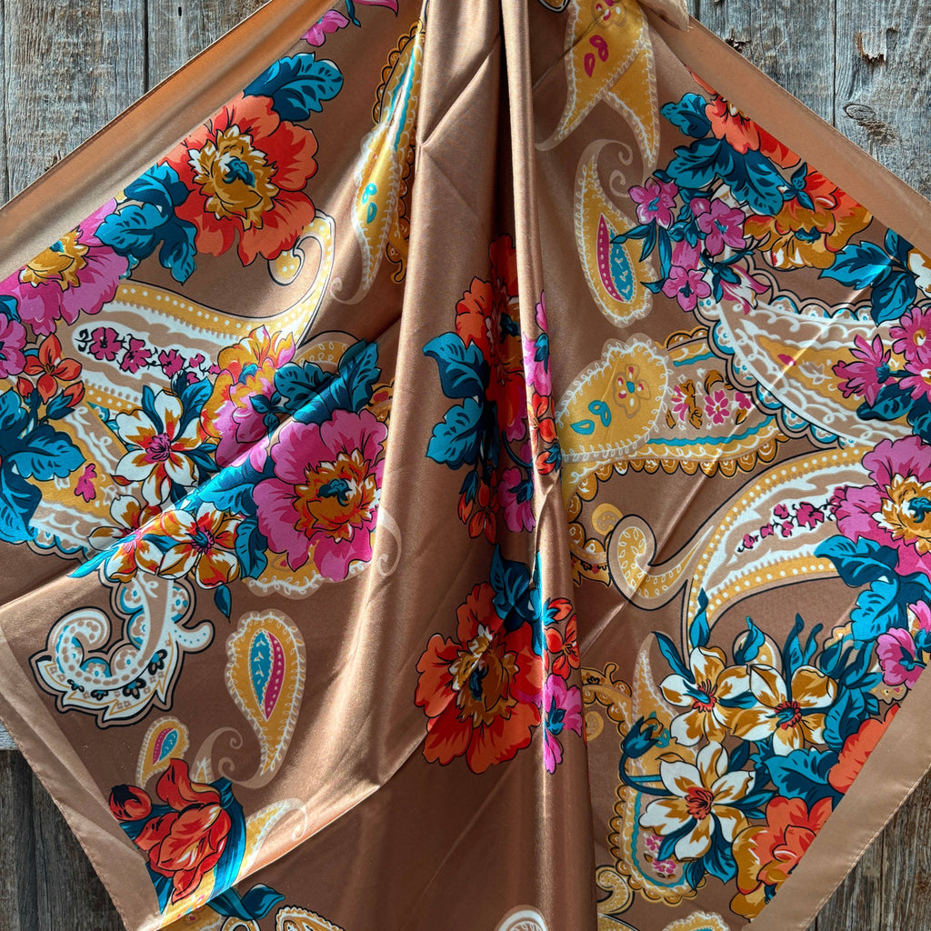 Tan Big Floral Wild Rag - Western Scarf