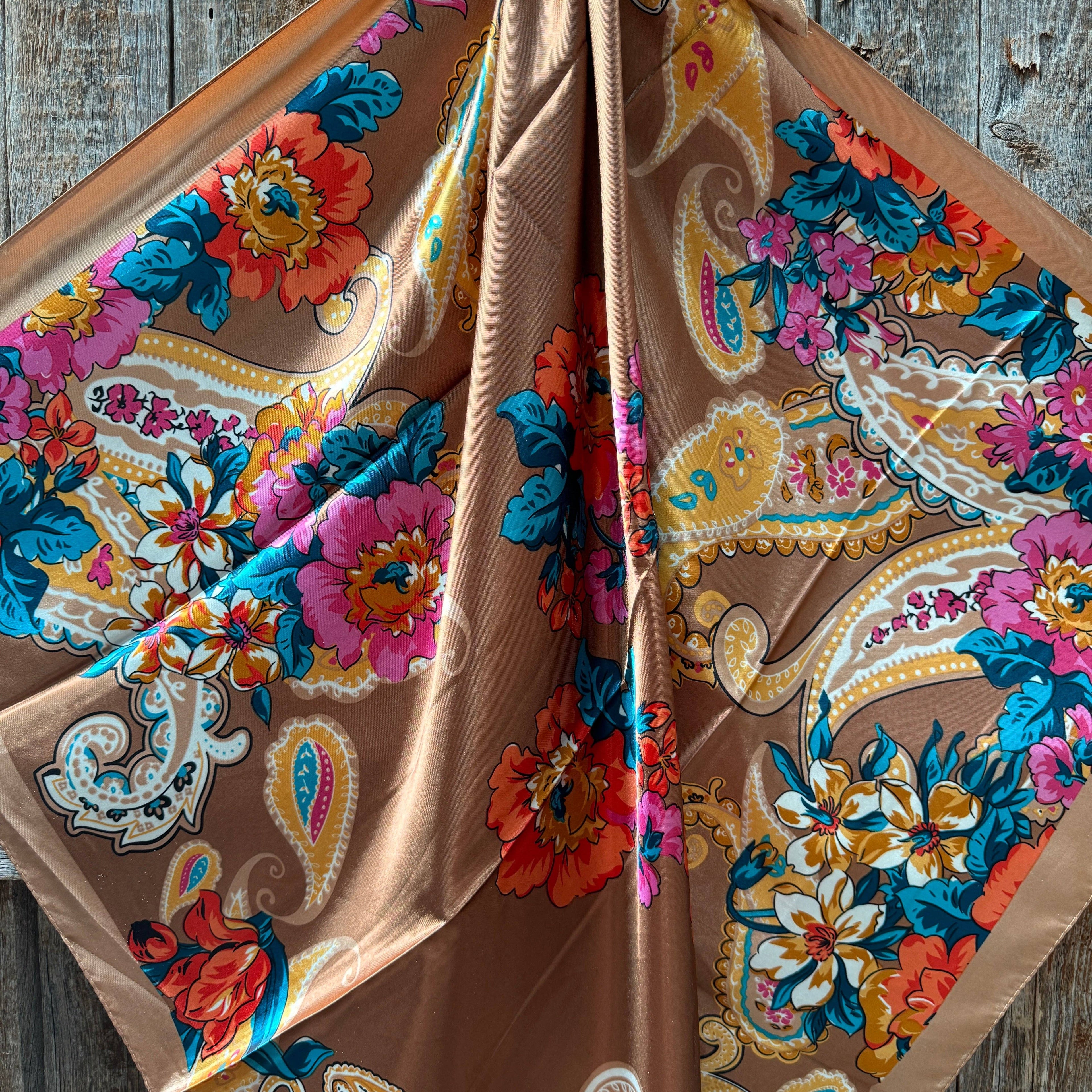 Tan Big Floral Wild Rag - Western Scarf