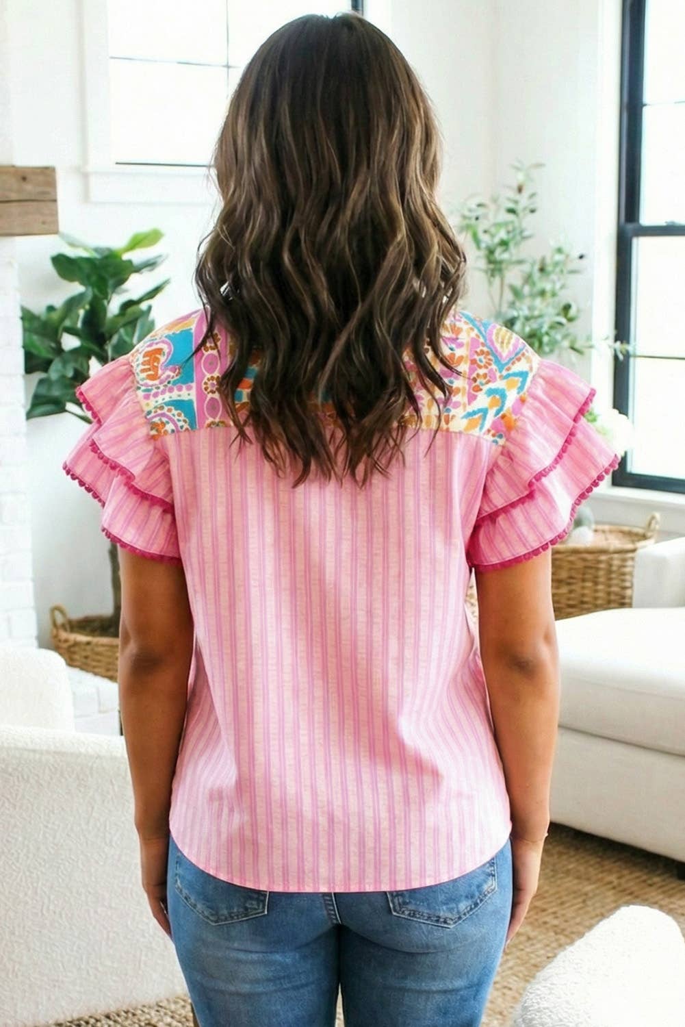 Boho Mixed Print Ruffled Blouse