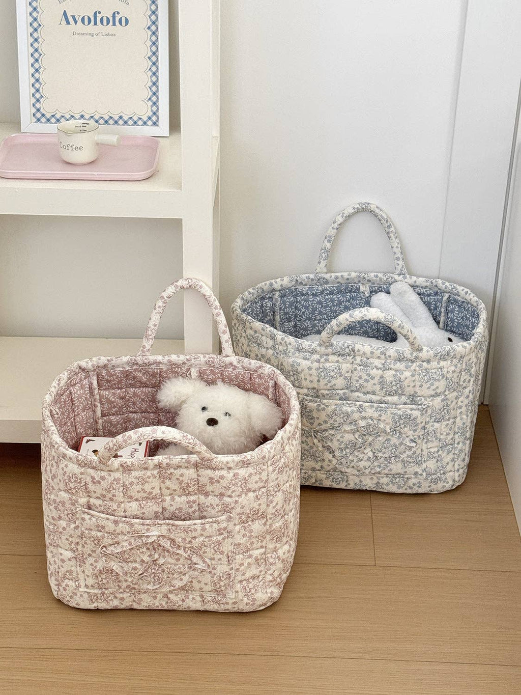 Corduroy Floral Storage Tote: Blue