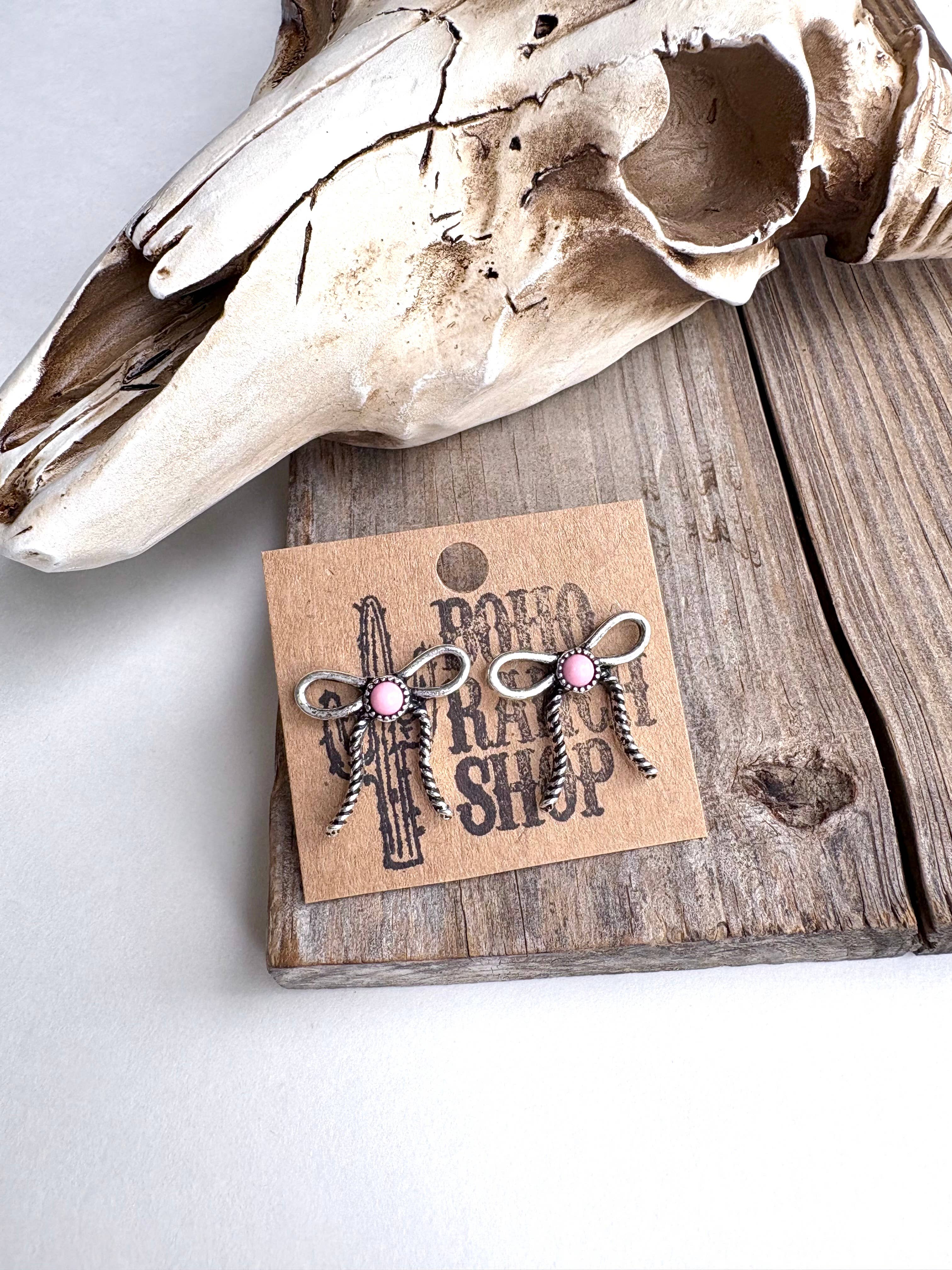 Western Bow Stud Earrings: Pink