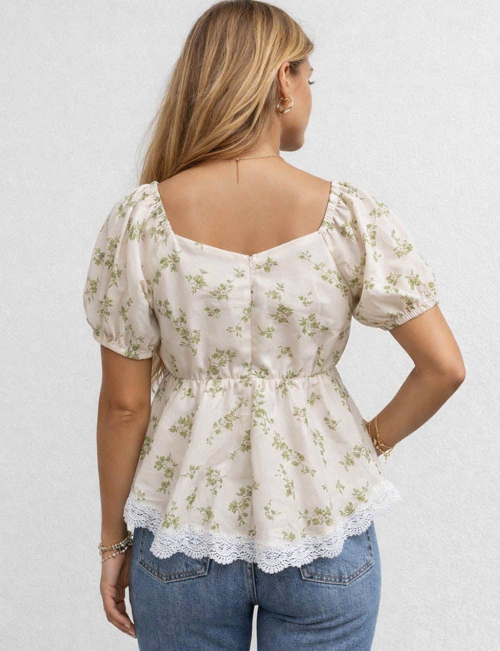 Floral Print Babydoll  V-Neck Lace Top