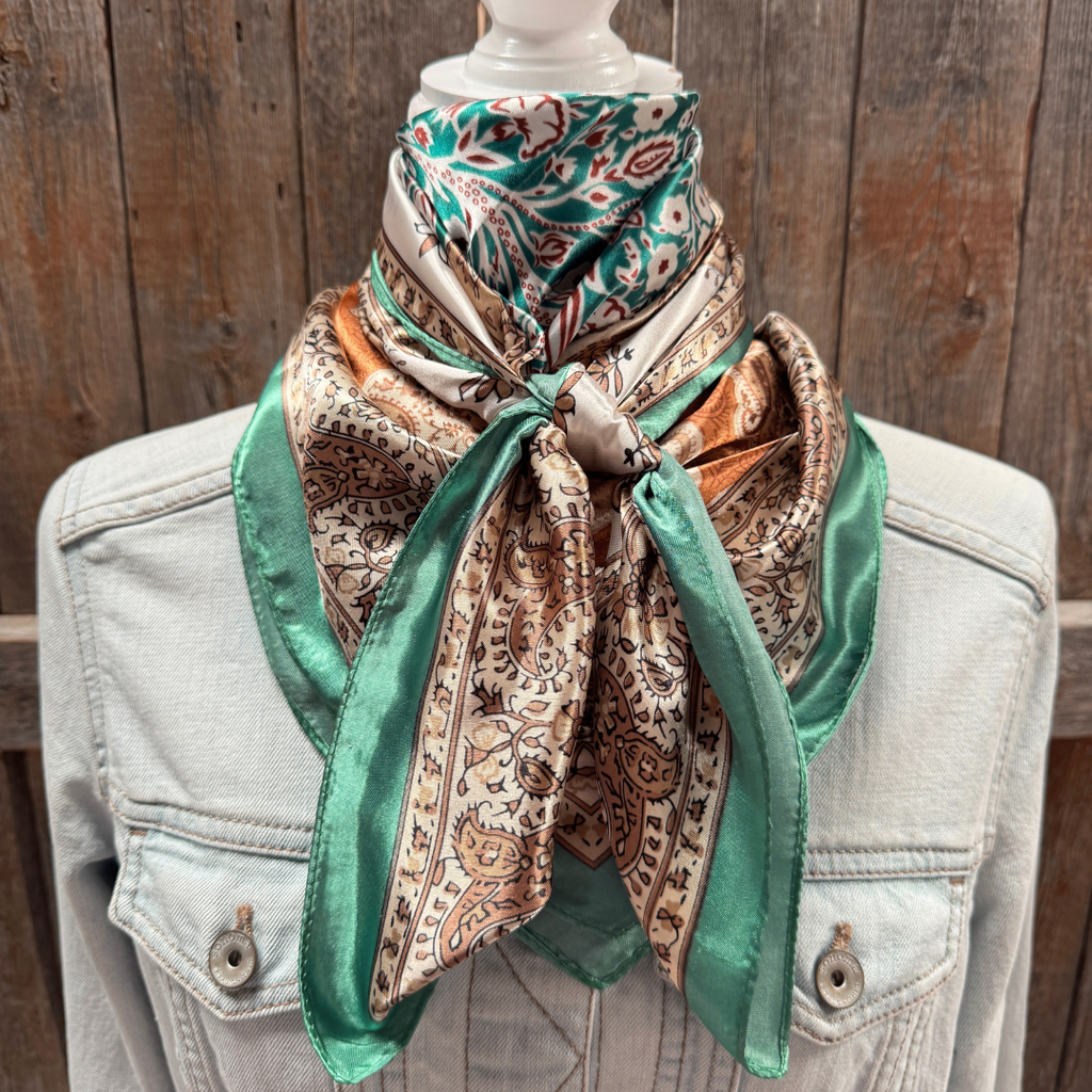 Teal, Brown and Tan Floral Wild Rag - Western Scarf