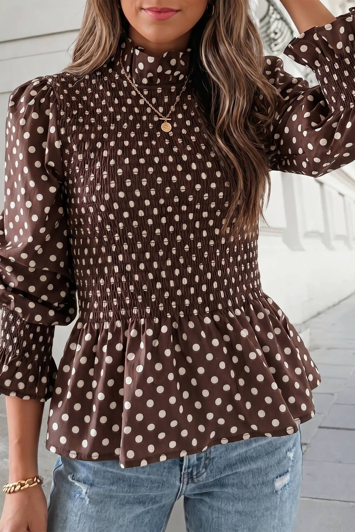 Cute Polka Dot Mock Neck Ruffled Shirred Blouse