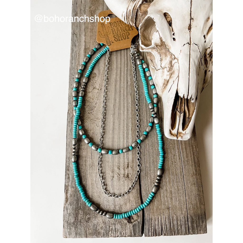 Western Semi Stone Layered Navajo Bead Neckace: Turquoise