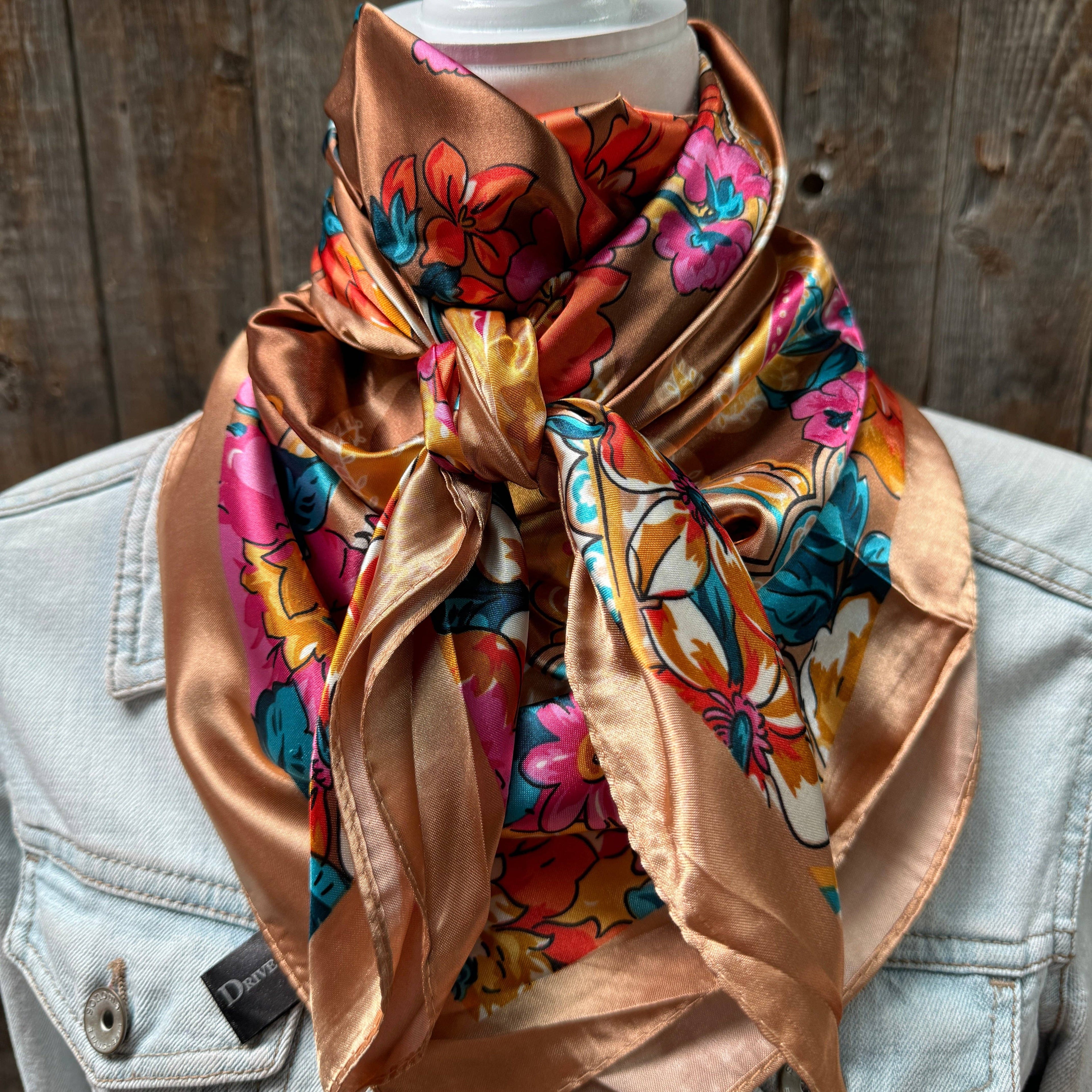 Tan Big Floral Wild Rag - Western Scarf