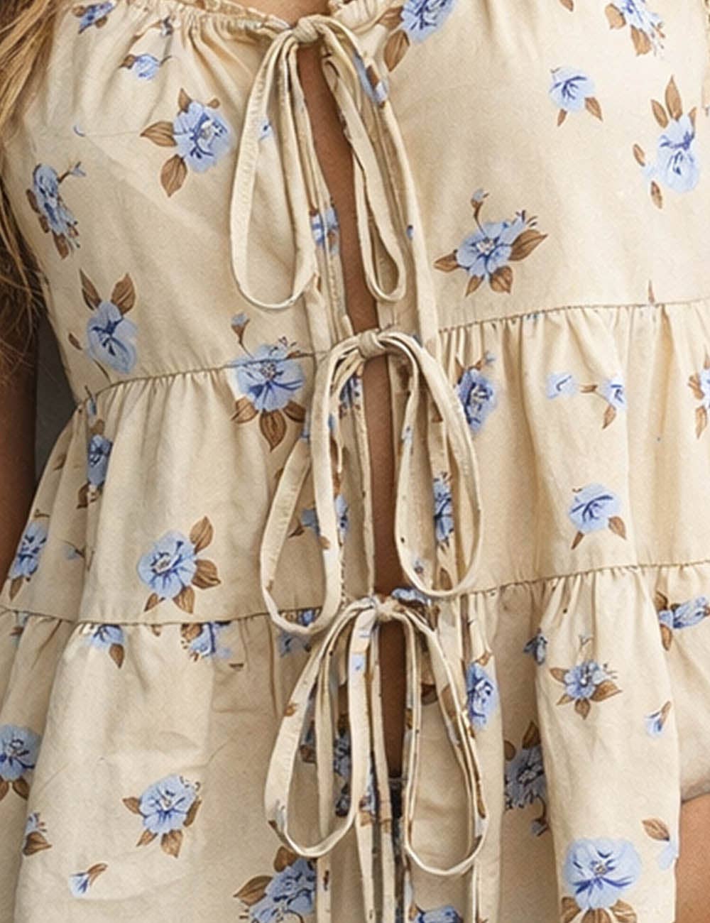 Boho Floral Print Tie Front Neck