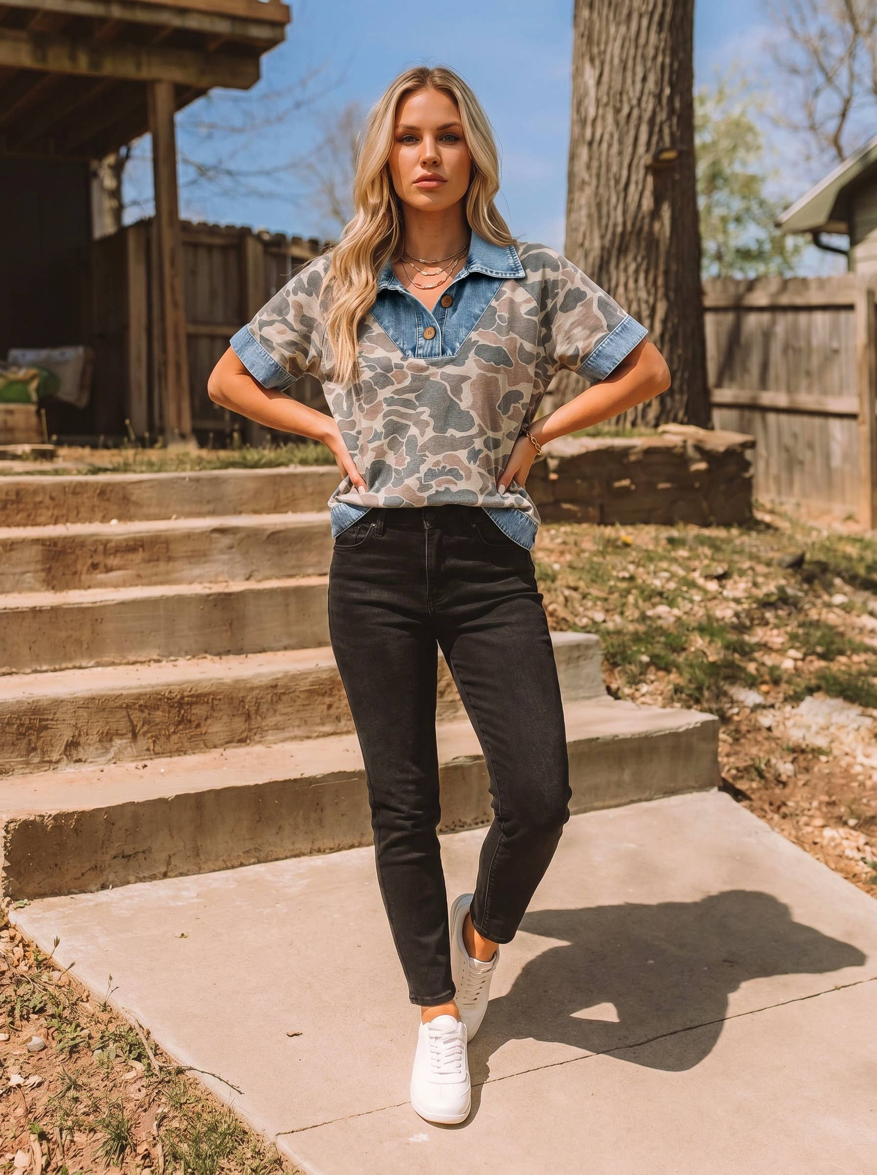 Patchwork Camouflage Collared Top
