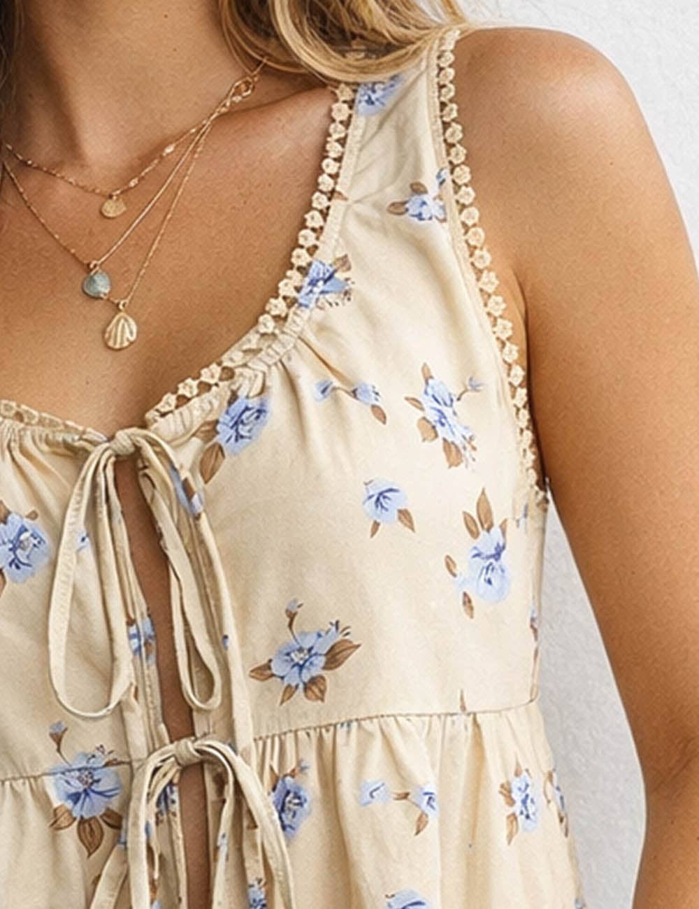 Boho Floral Print Tie Front Neck