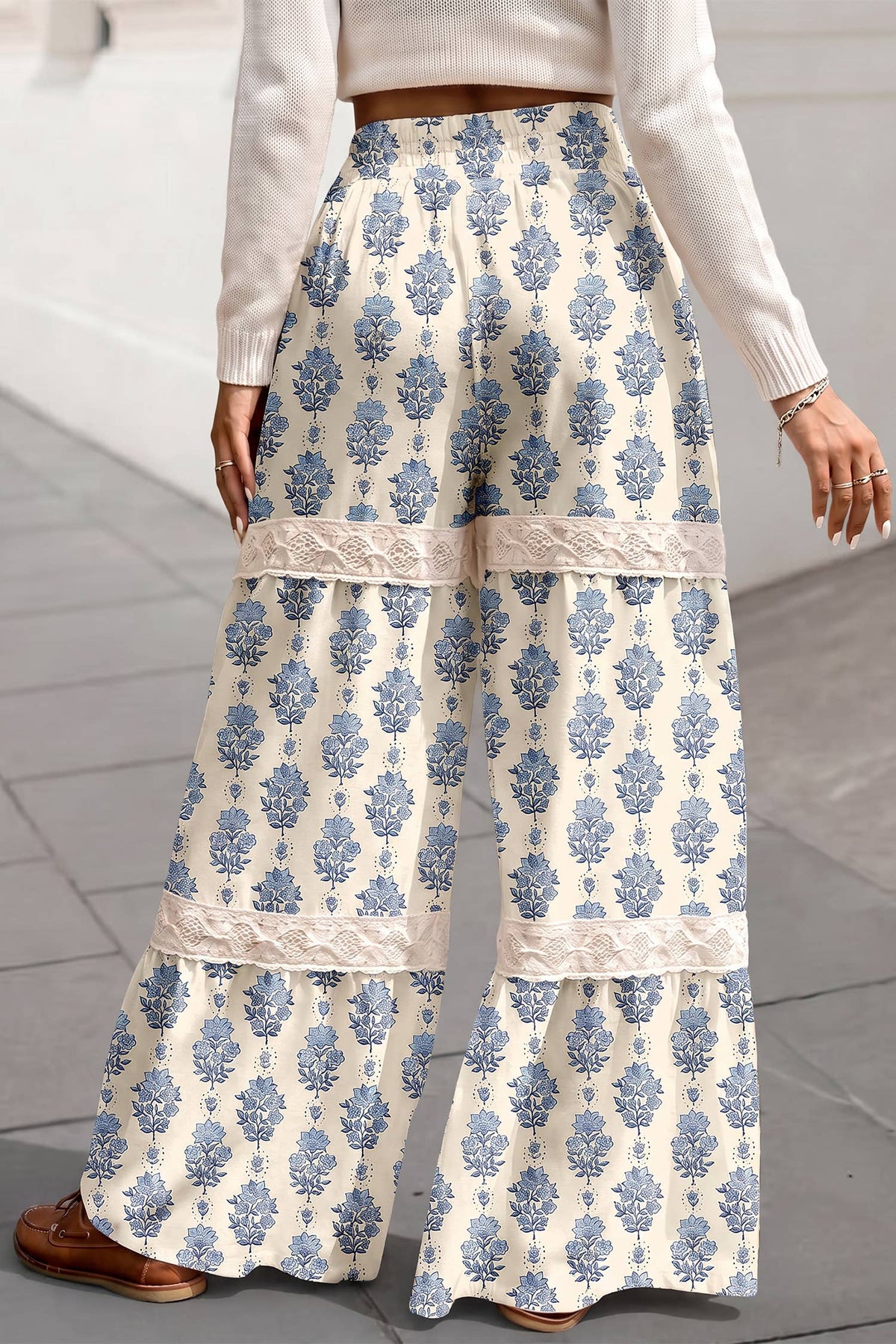 Floral Print Lace Patchwork Wide Leg Pants