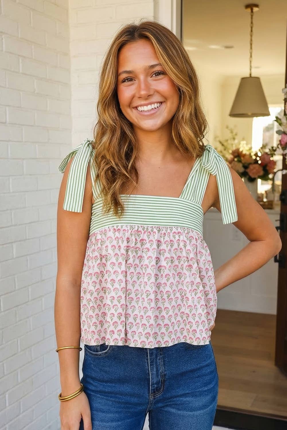 Floral Knot Straps Babydoll Tank Top