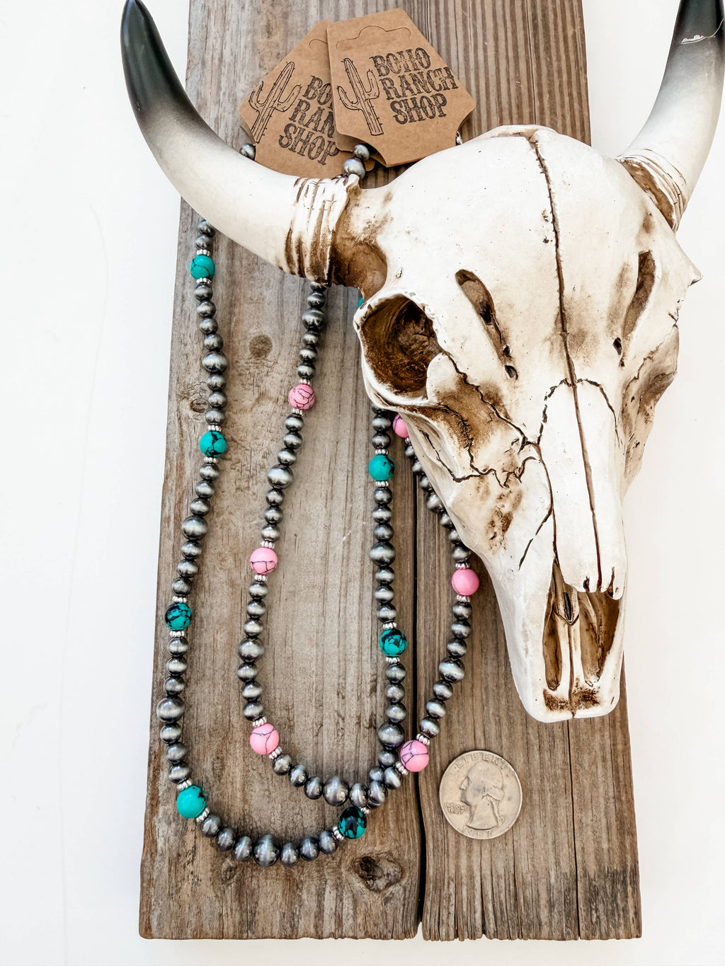 Western Navajo Pearl & Turquoise Stone Bead Necklace: PINK