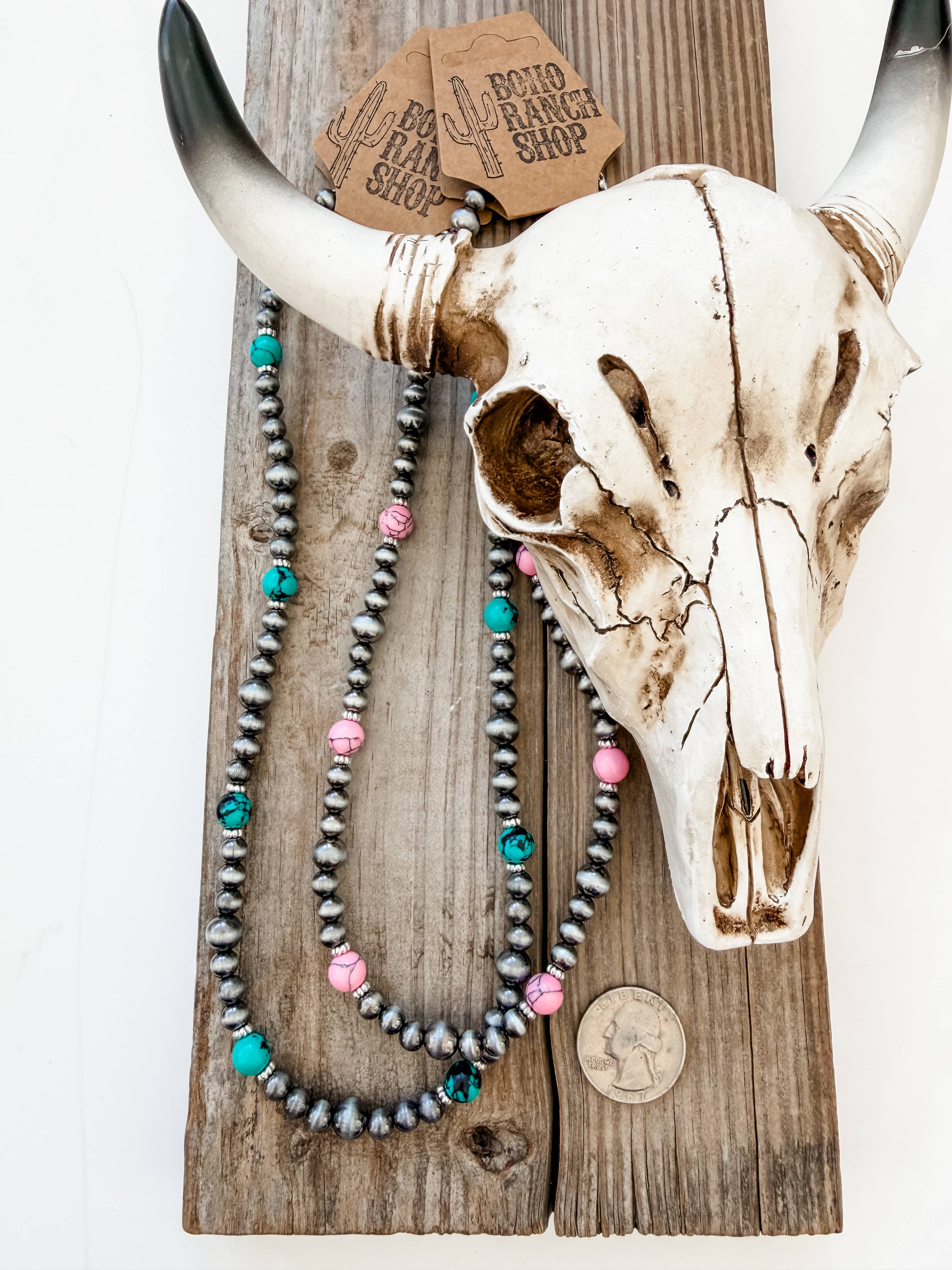 Western Navajo Pearl & Turquoise Stone Bead Necklace: PINK