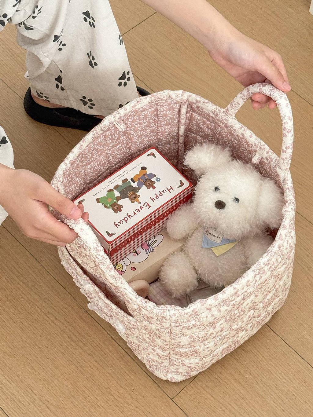 Corduroy Floral Storage Tote: Blue