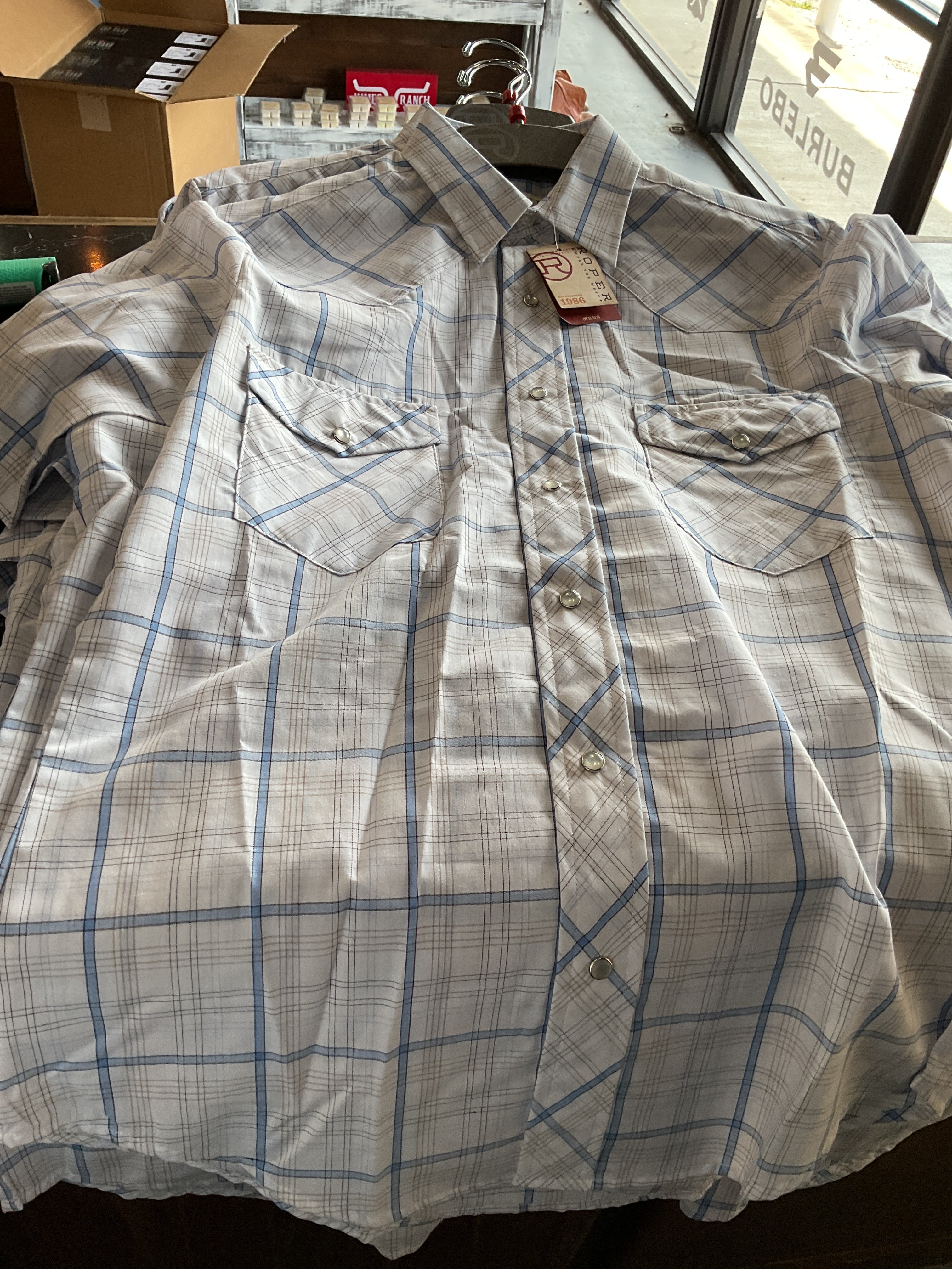 Blue/white plaid roper pearl snap