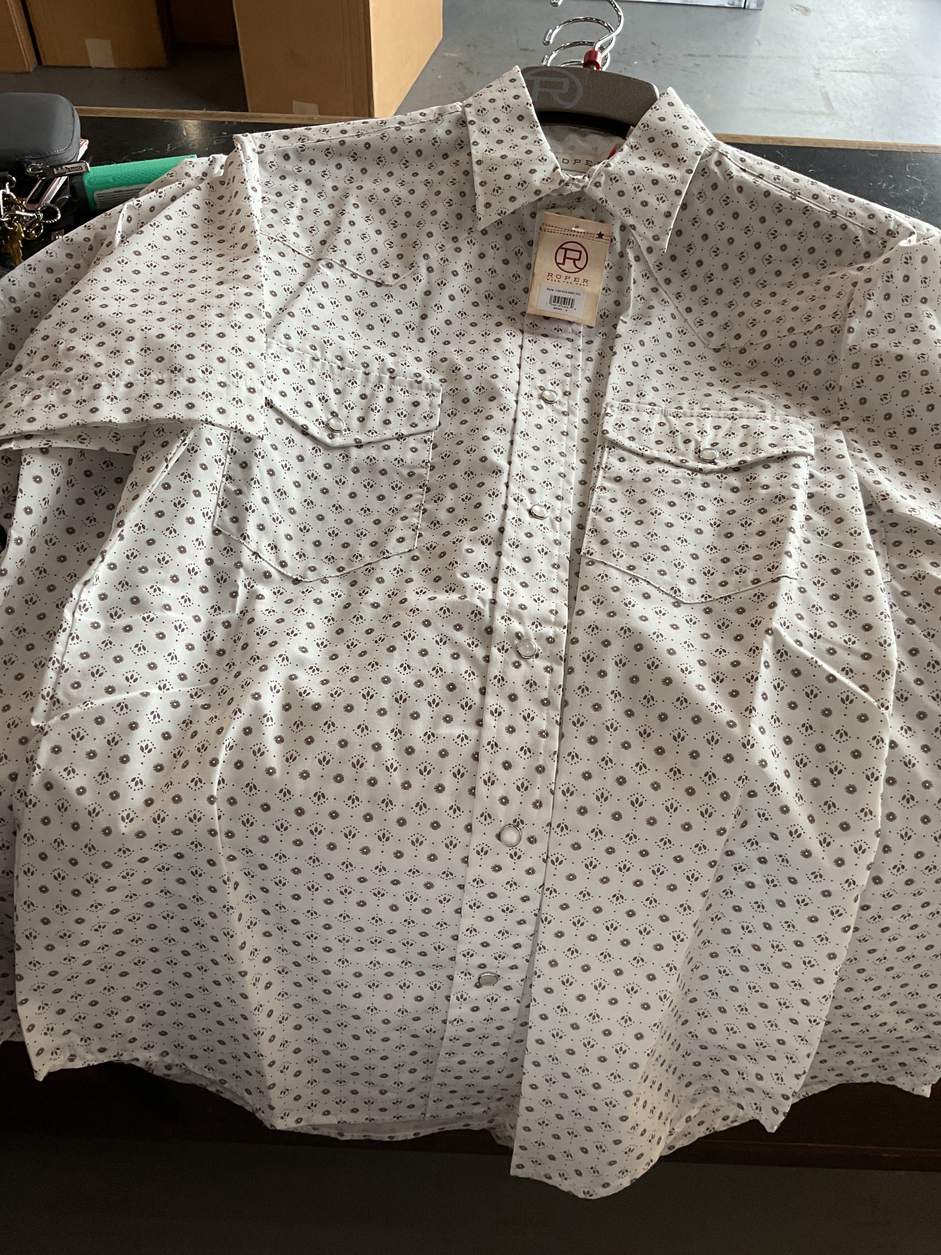White with brown print roper pearl snap
