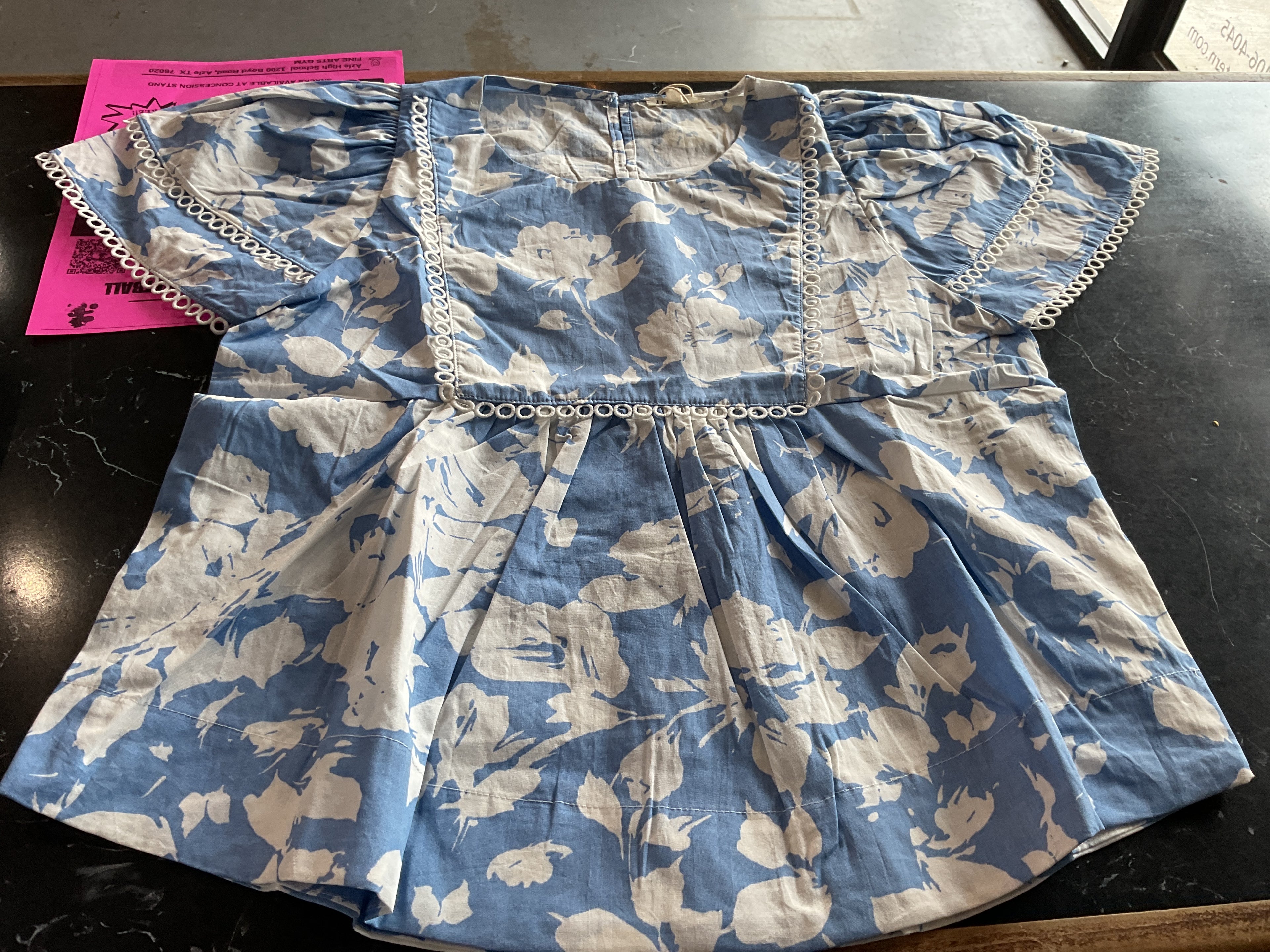 Blue and white puff sleeve top