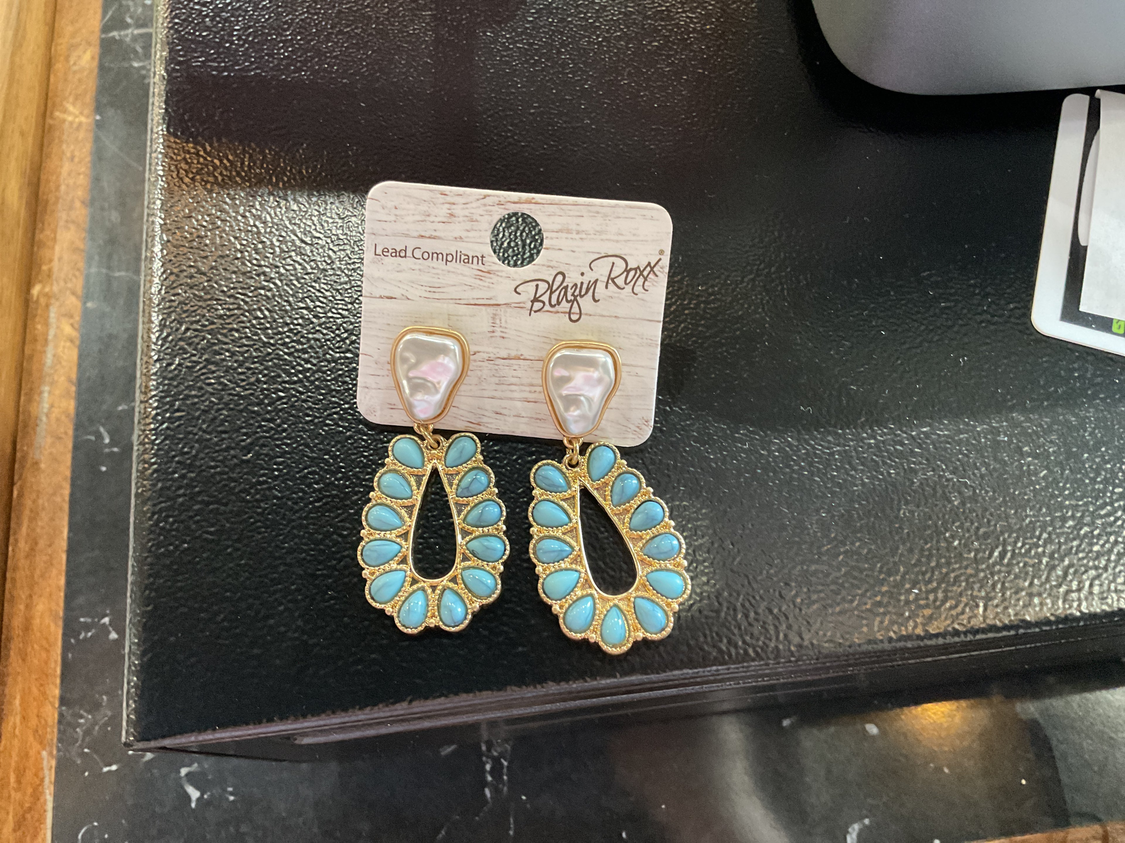 Gold teardrop pearl and TQ earring
