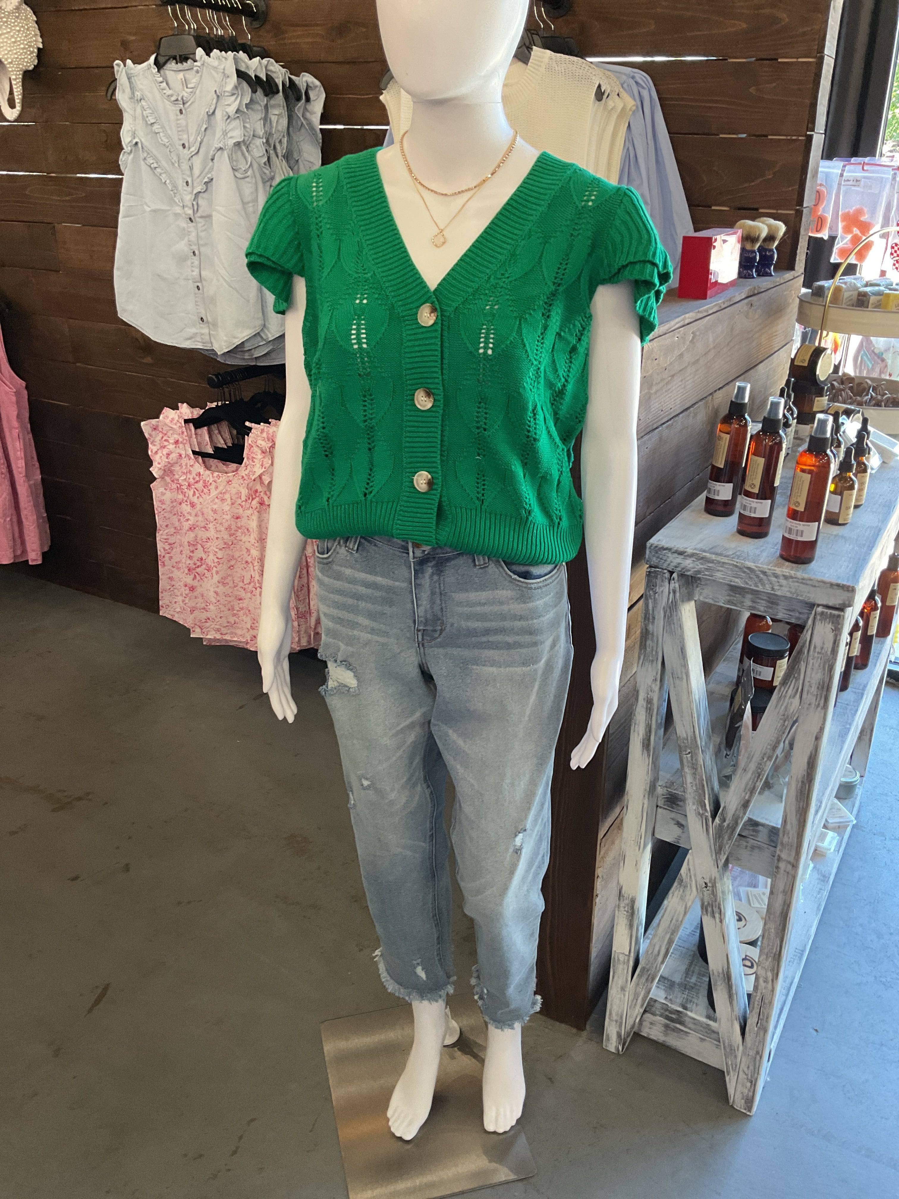 Green ruffle sleeve sweater