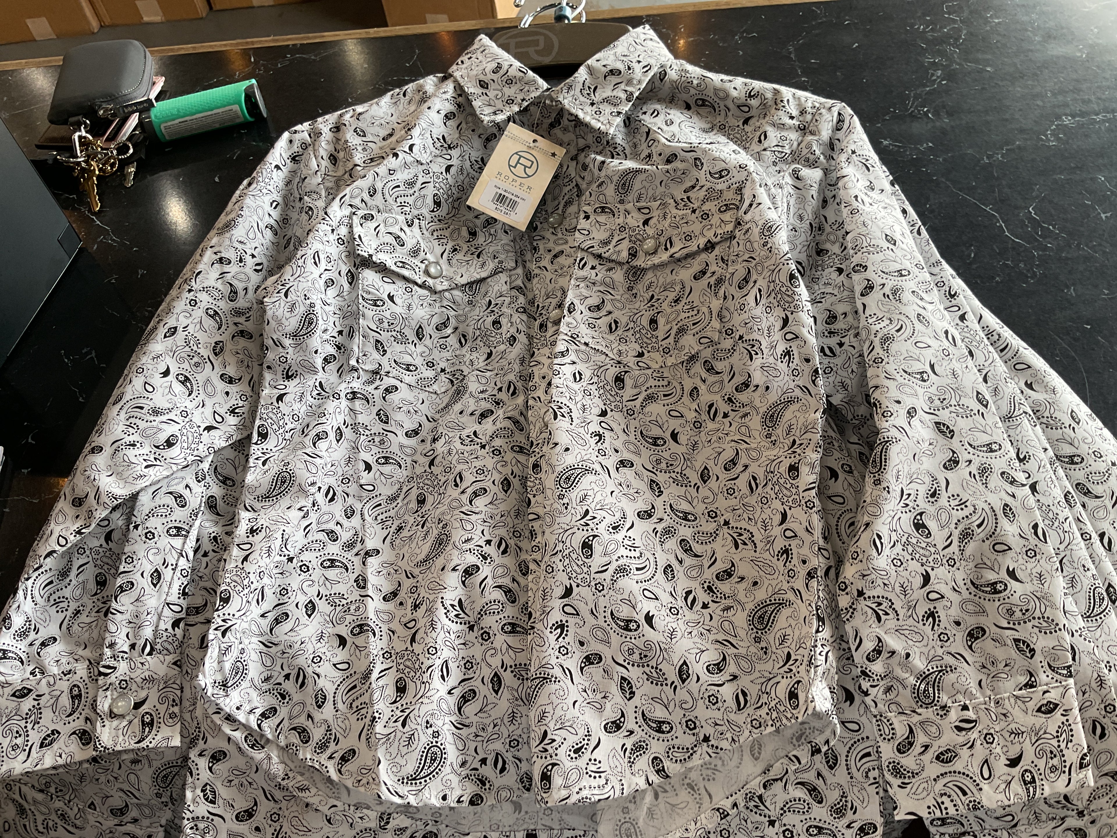 Boys Black white paisley print roper pearl snap