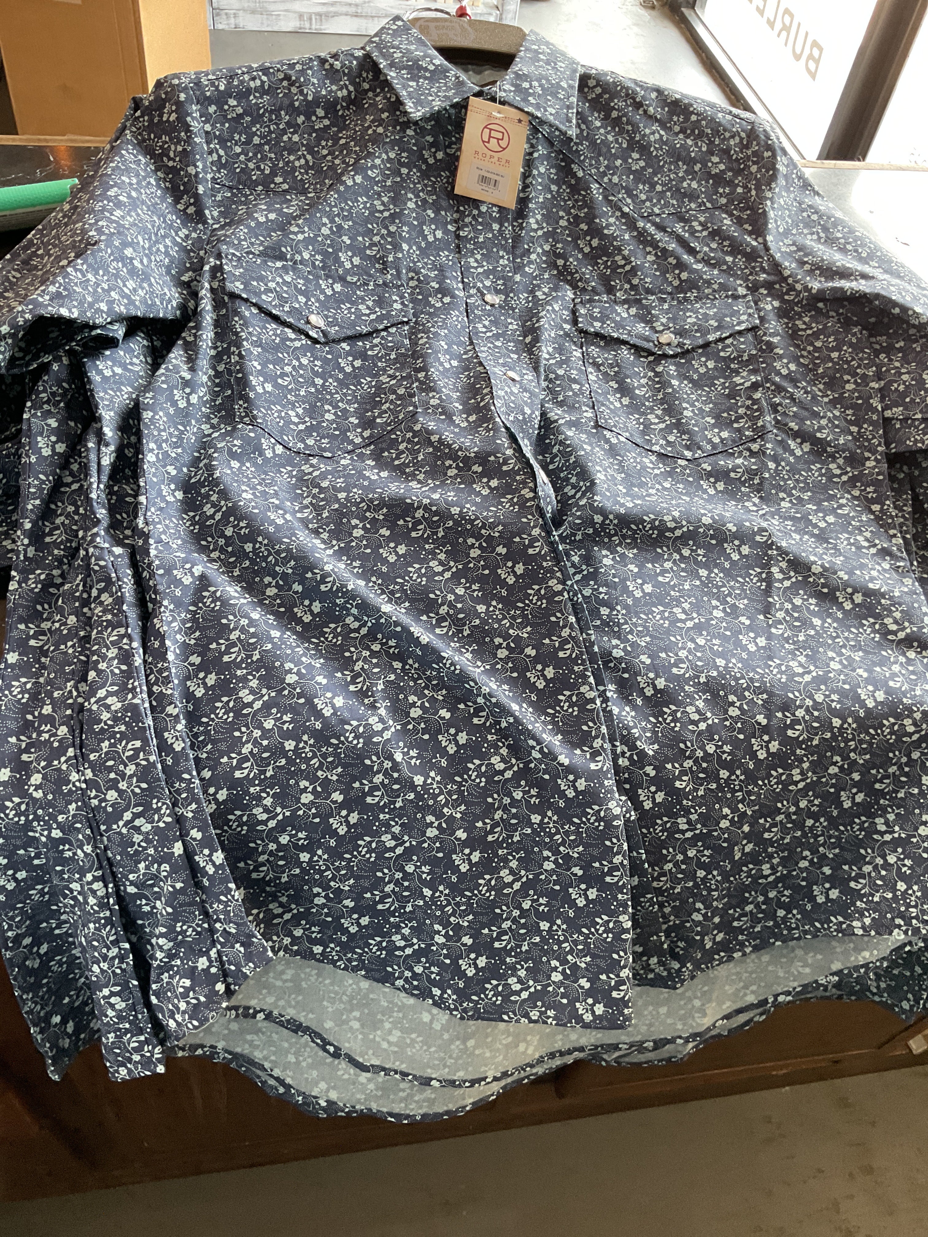 Navy floral print roper pearl snap