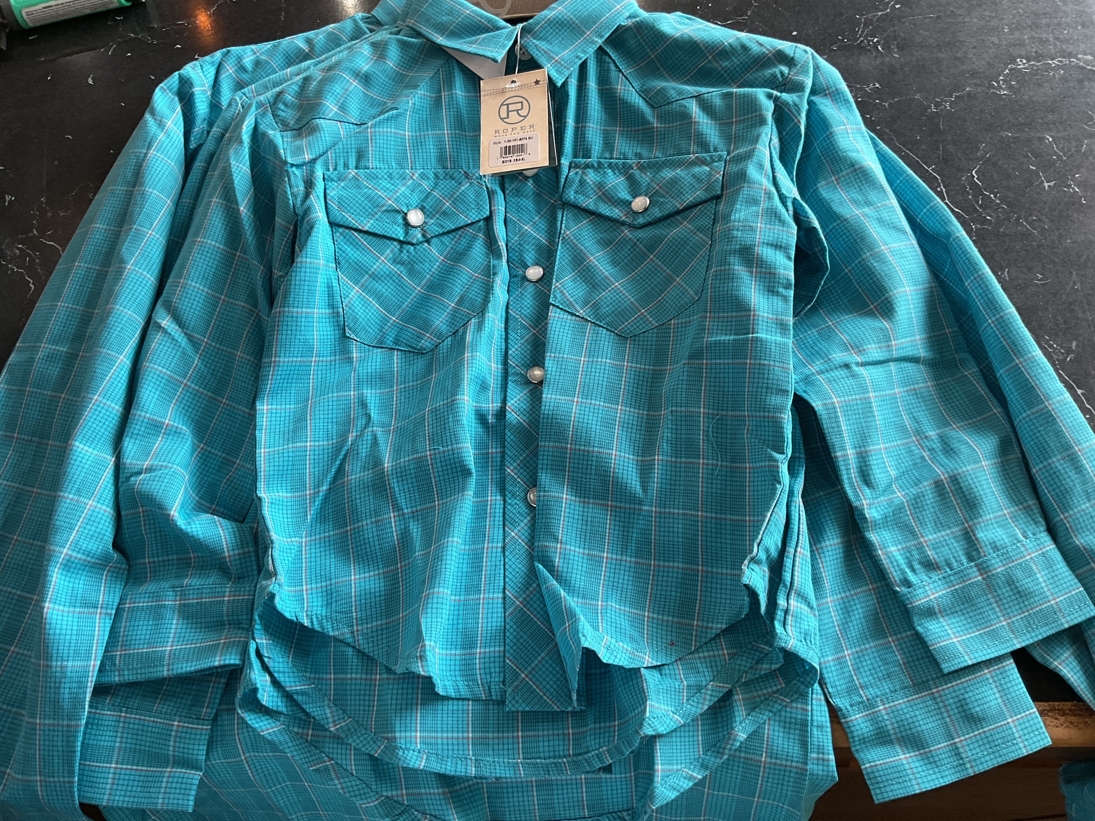 Boys Bright blue plaid long sleeve roper pearl snap