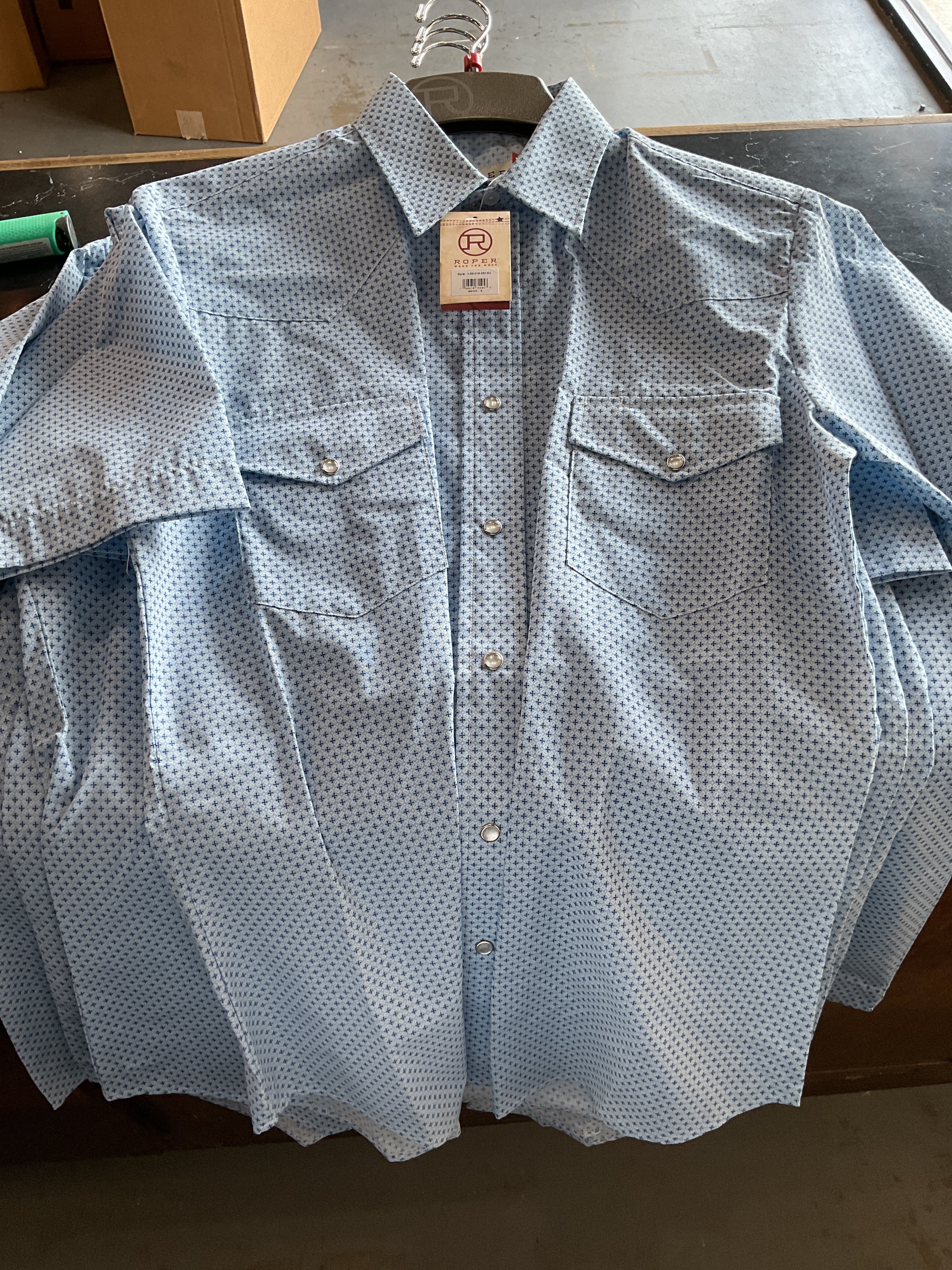 Blue cross pattern roper pearl snap