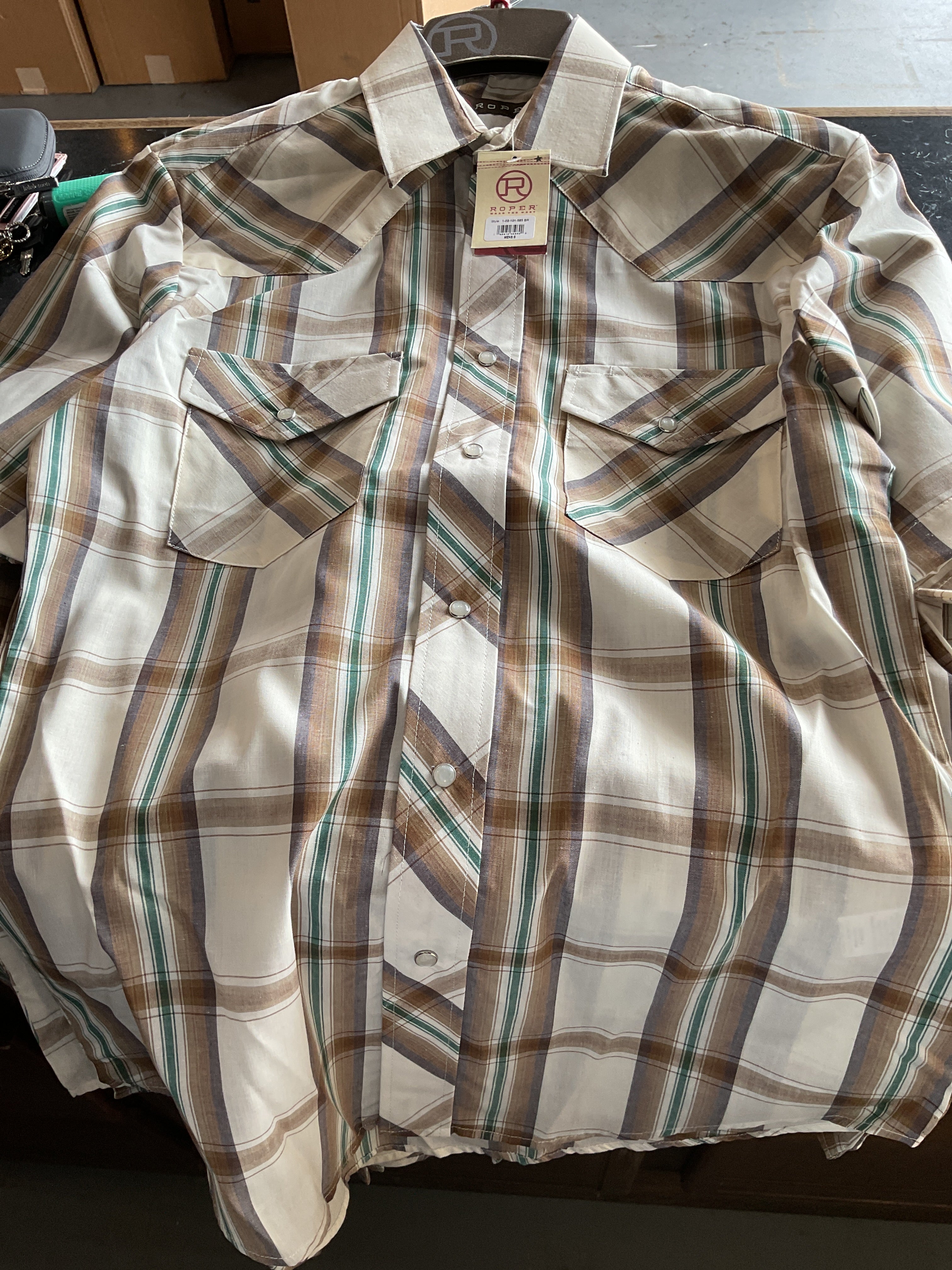 Cream brown green plaid roper pearl snap