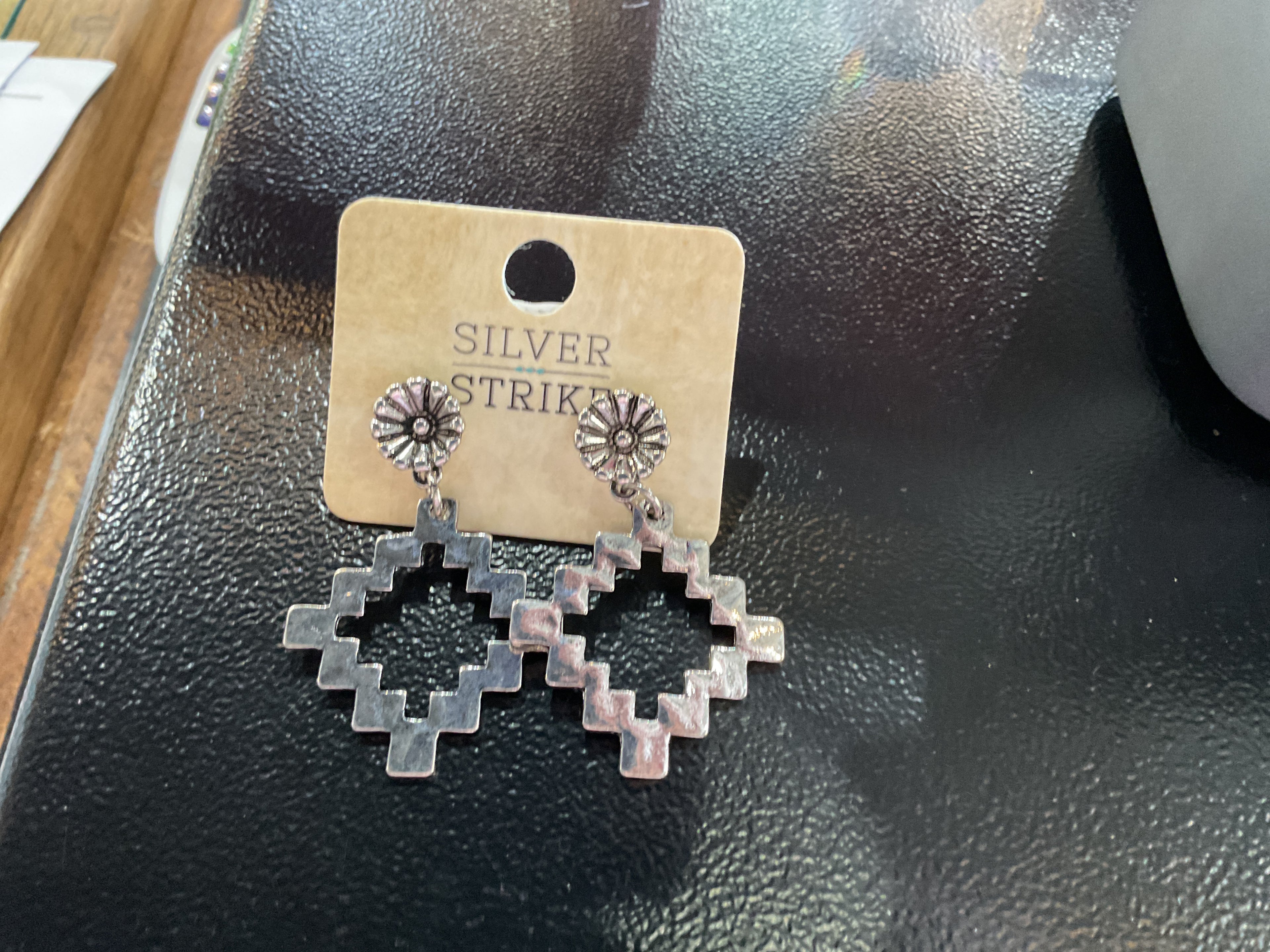 Silver etched triangle earring
