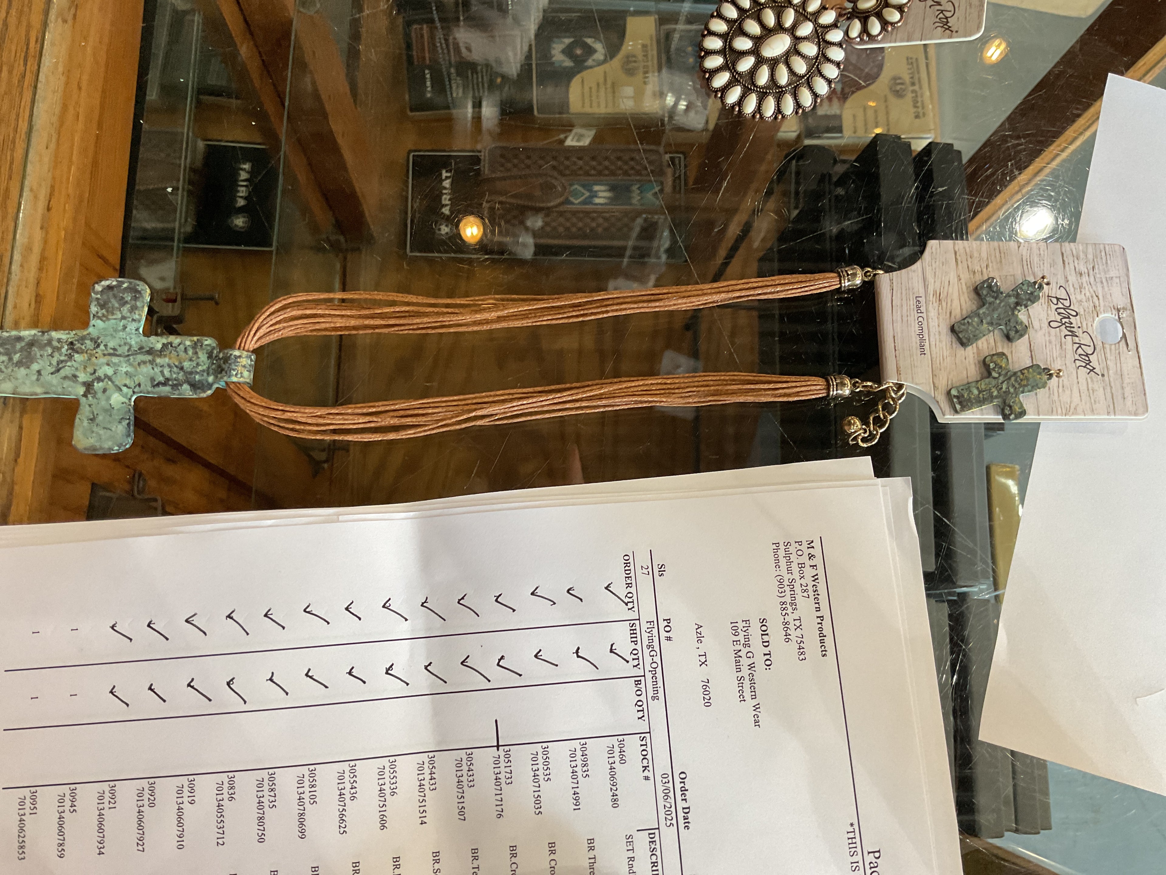 Leather cord green metal cross set